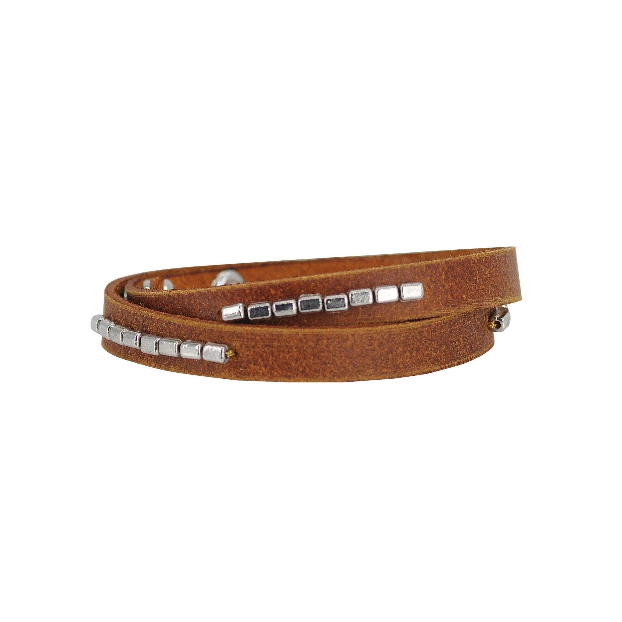 Double Wrap with Rectangle Beads Leather Bracelet