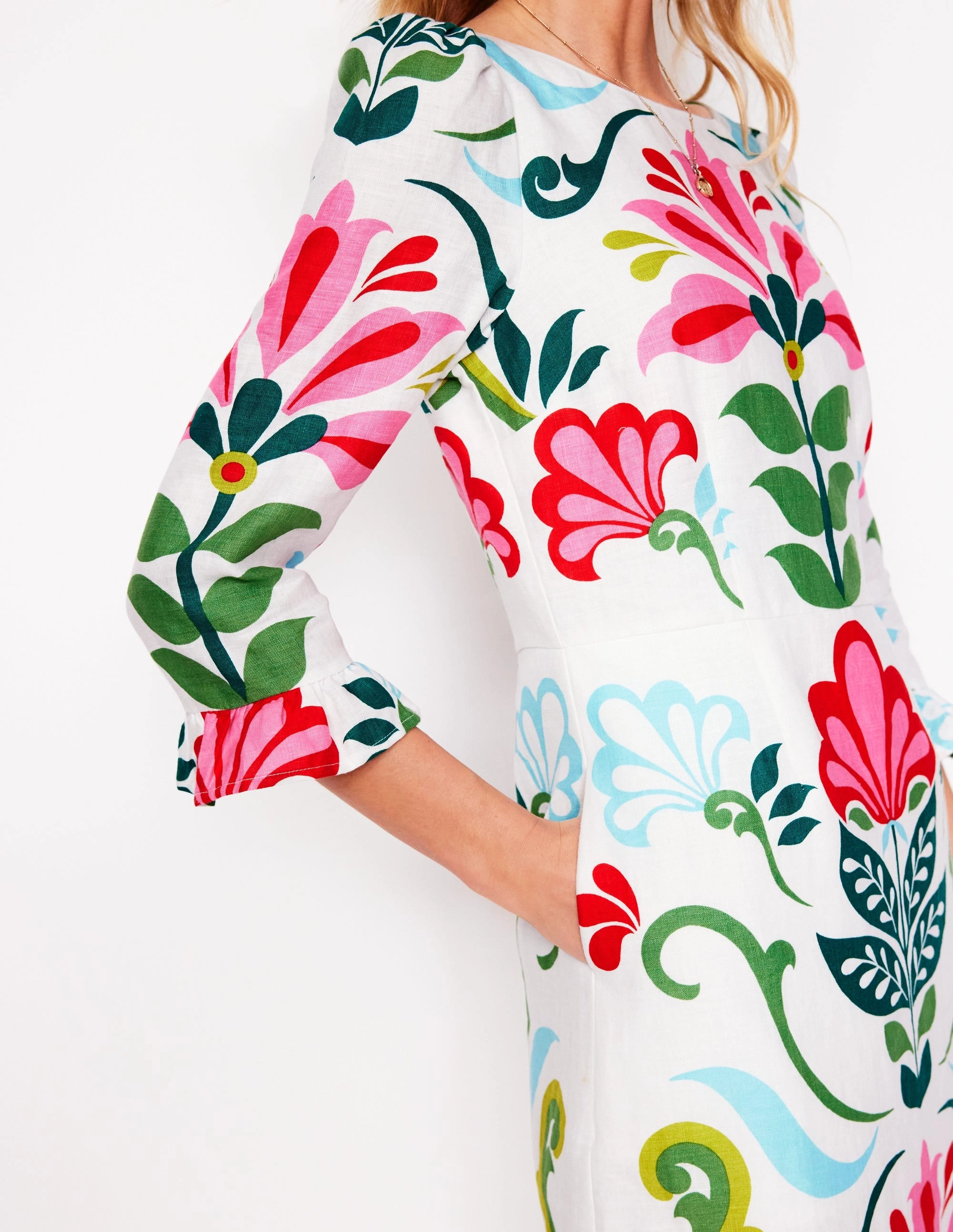 Linen Flute Sleeve Dress-Ivory. Decorative Stems