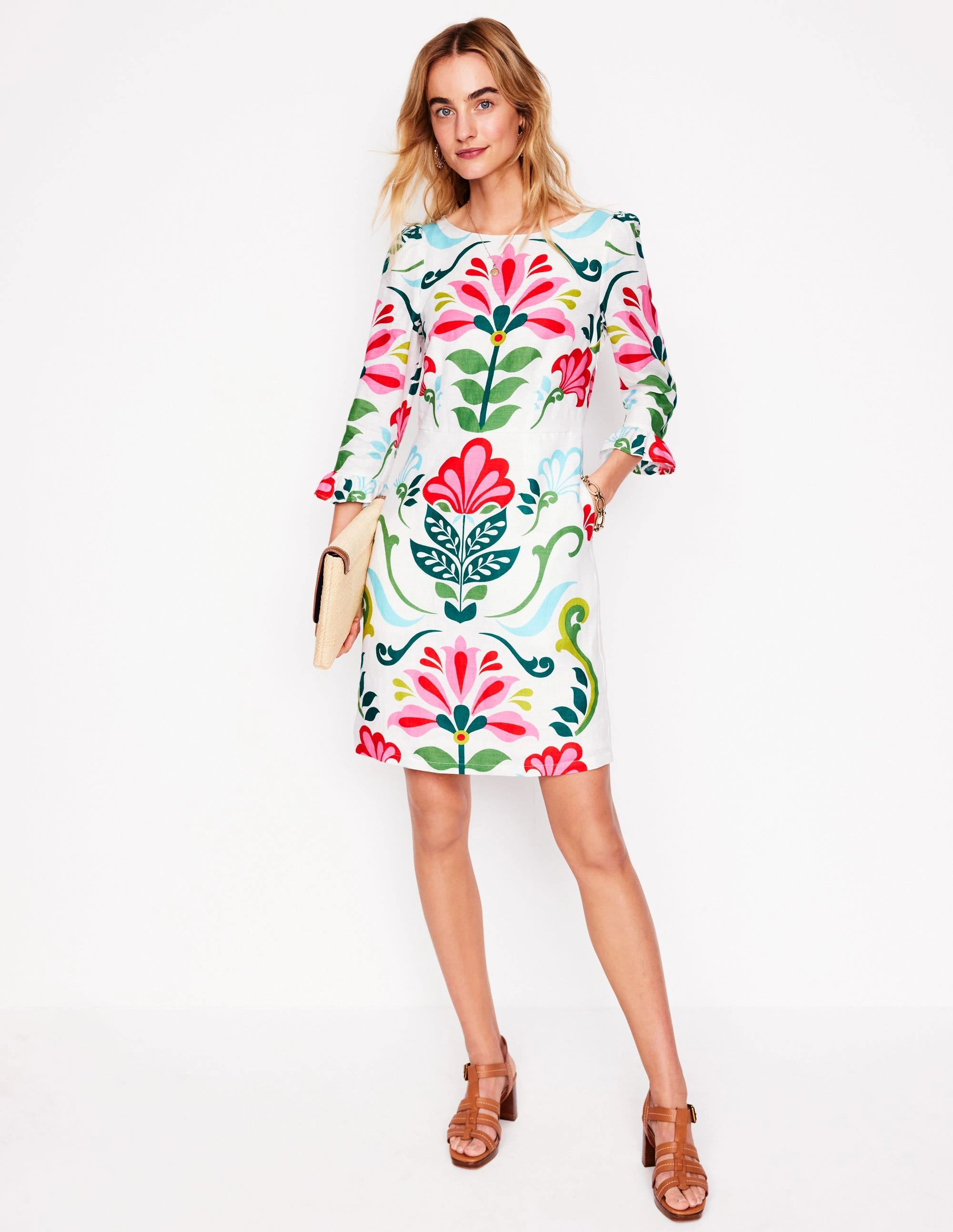 Linen Flute Sleeve Dress-Ivory. Decorative Stems