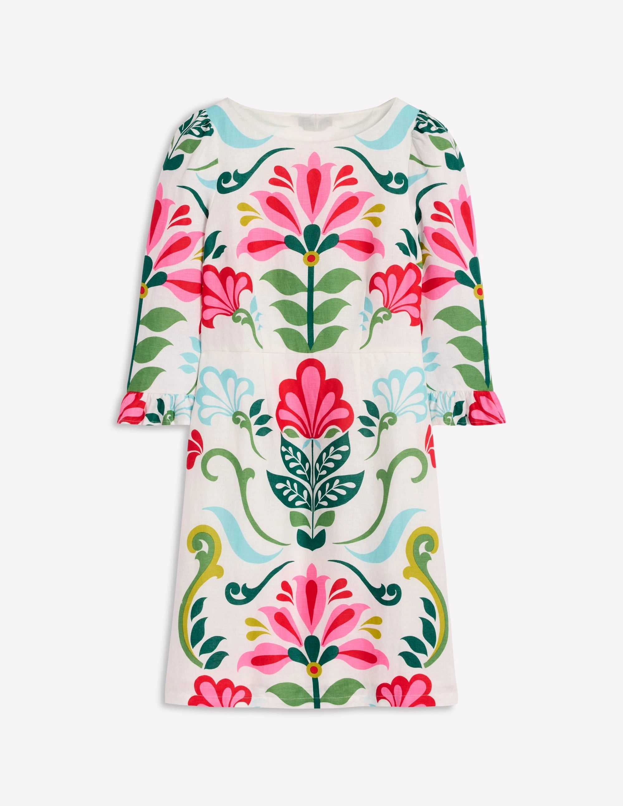 Linen Flute Sleeve Dress-Ivory. Decorative Stems