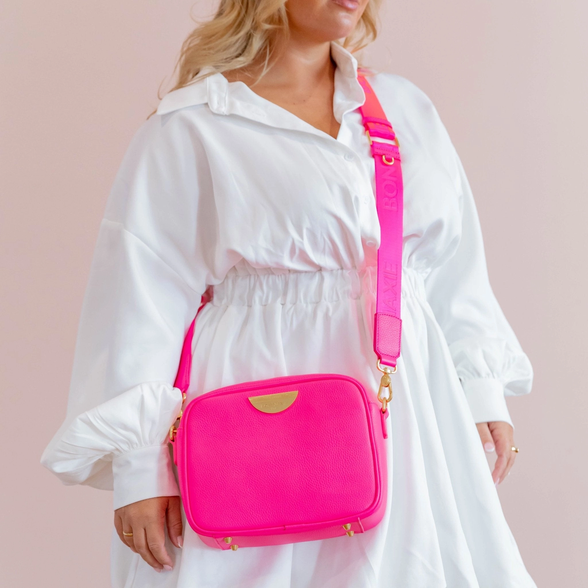 Logo Bag Strap with Leather -- Neon Pink