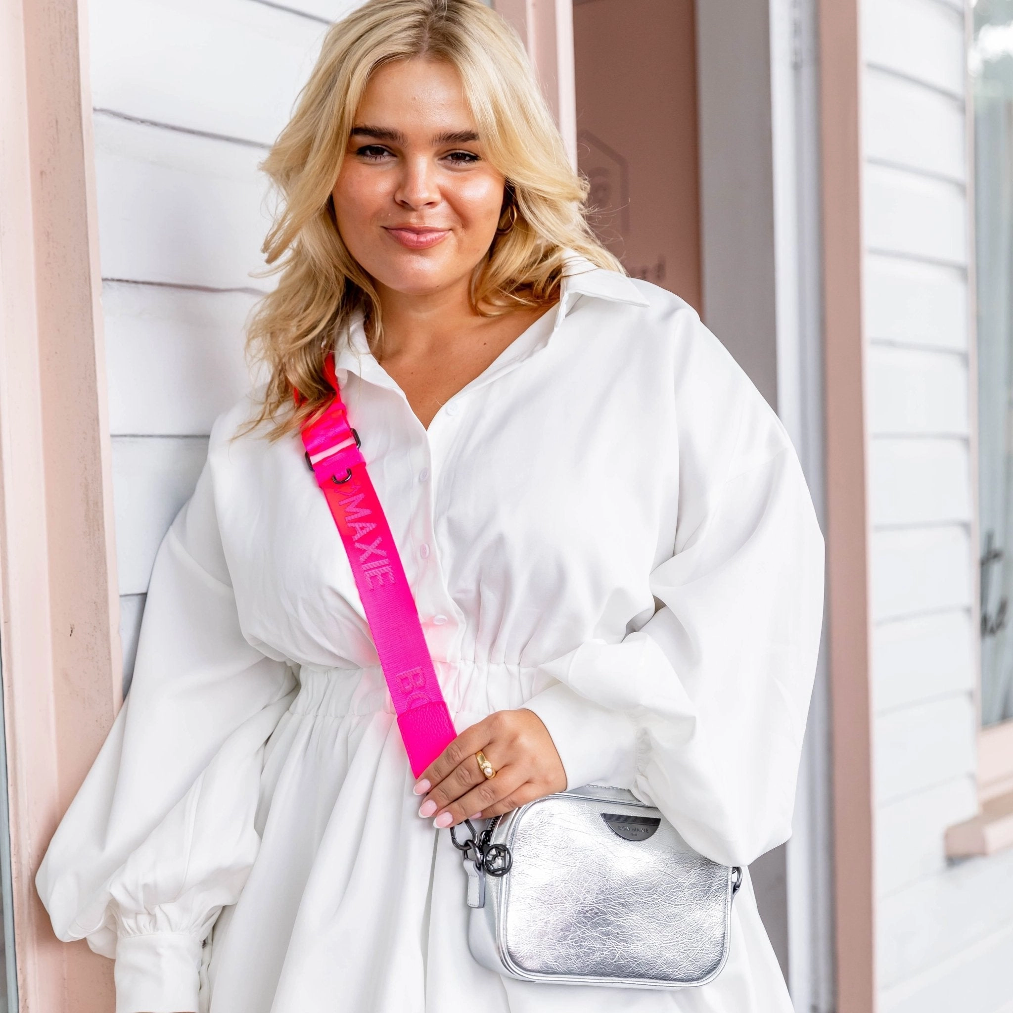 Logo Bag Strap with Leather -- Neon Pink