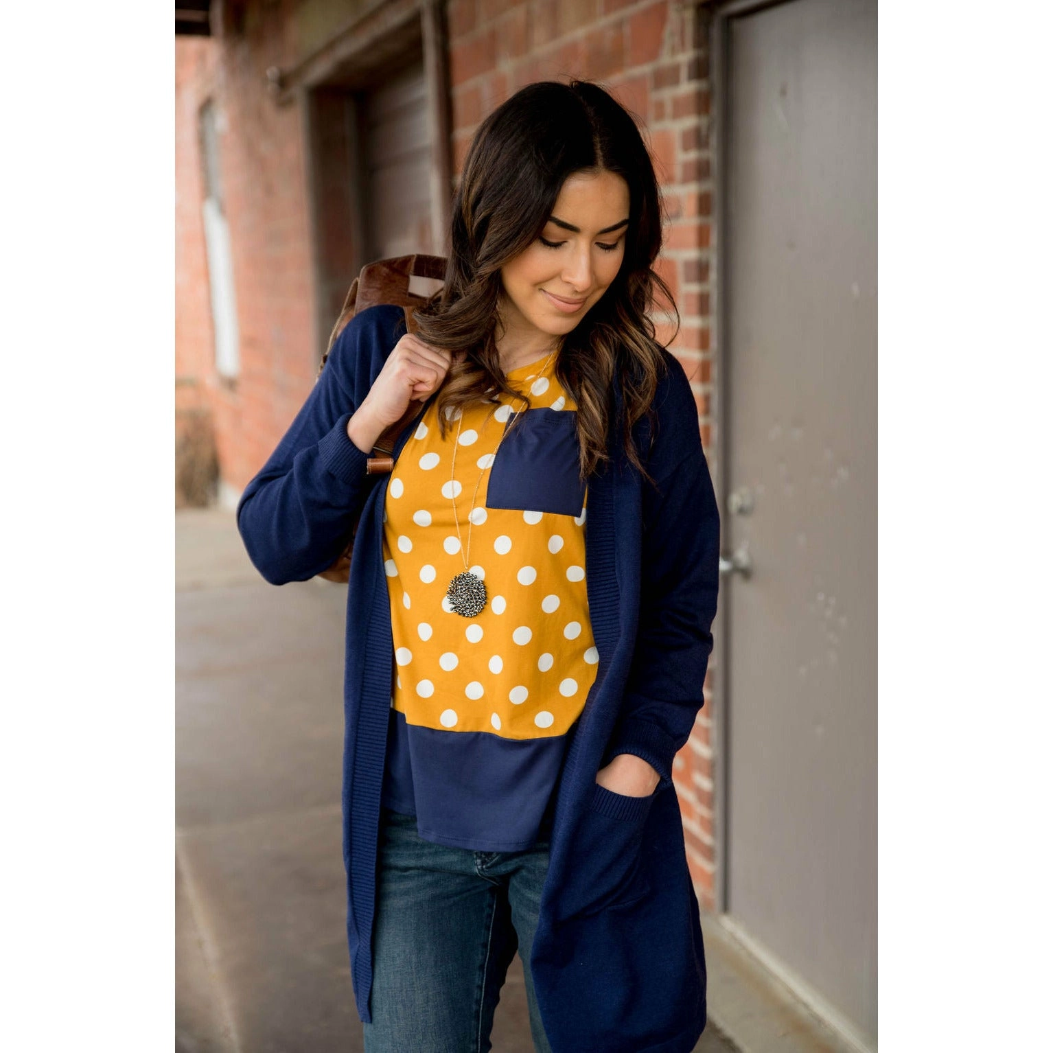 Navy Trimmed Polka Dot Pocket Tee