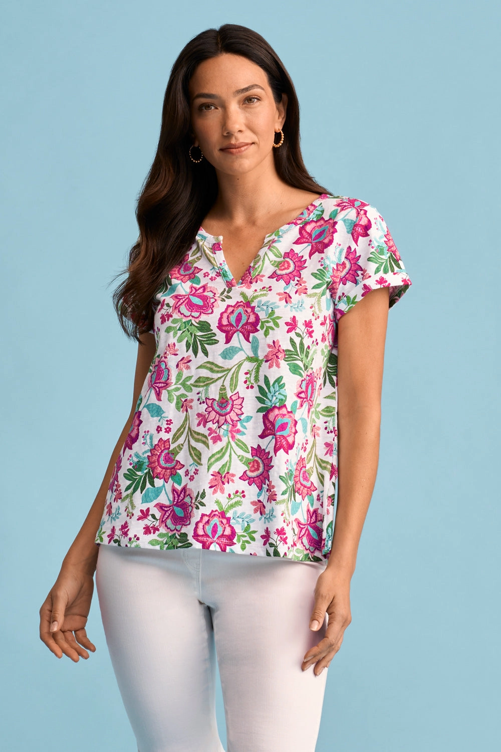 Notch Neck Cotton Tee - Textured Floral