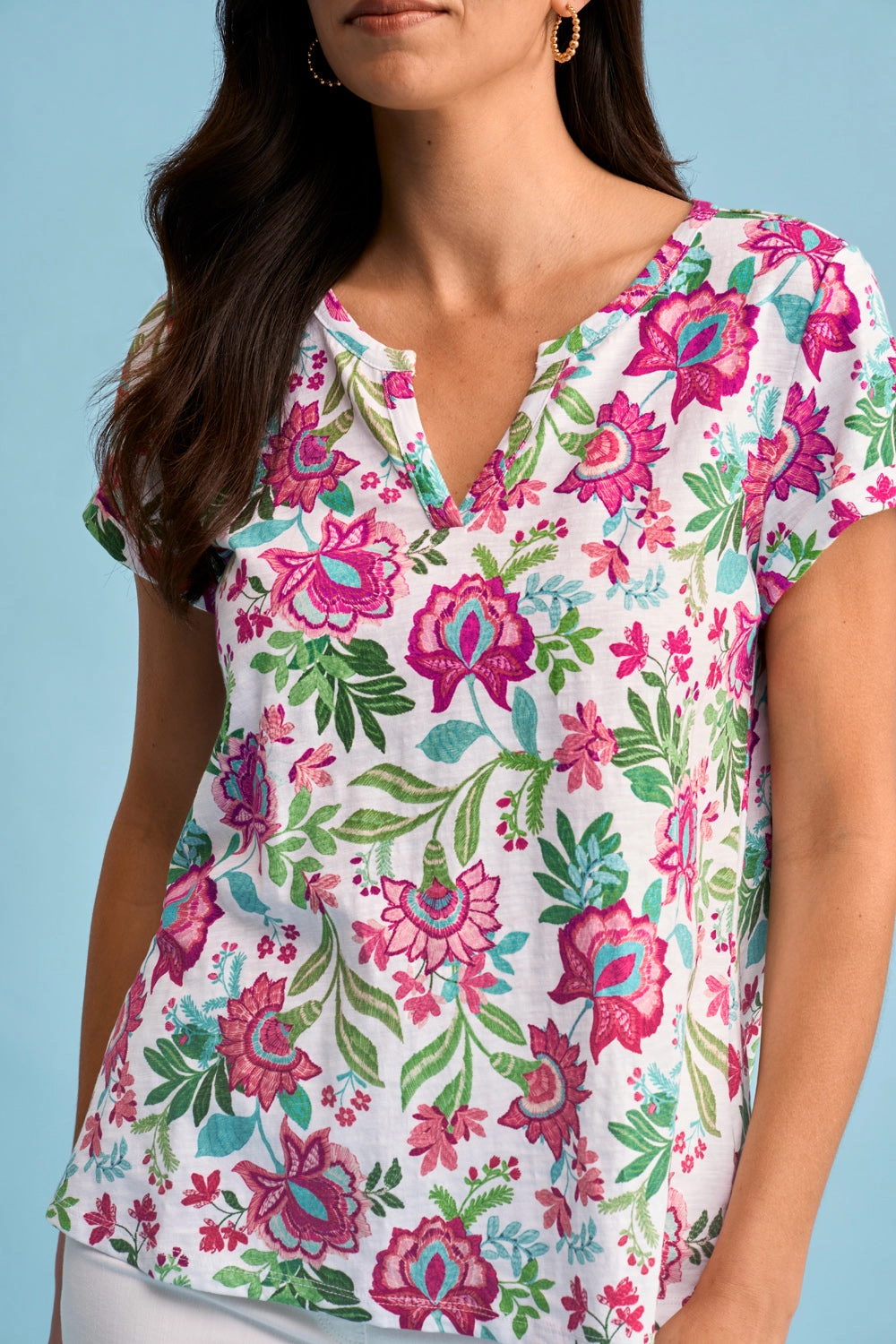 Notch Neck Cotton Tee - Textured Floral