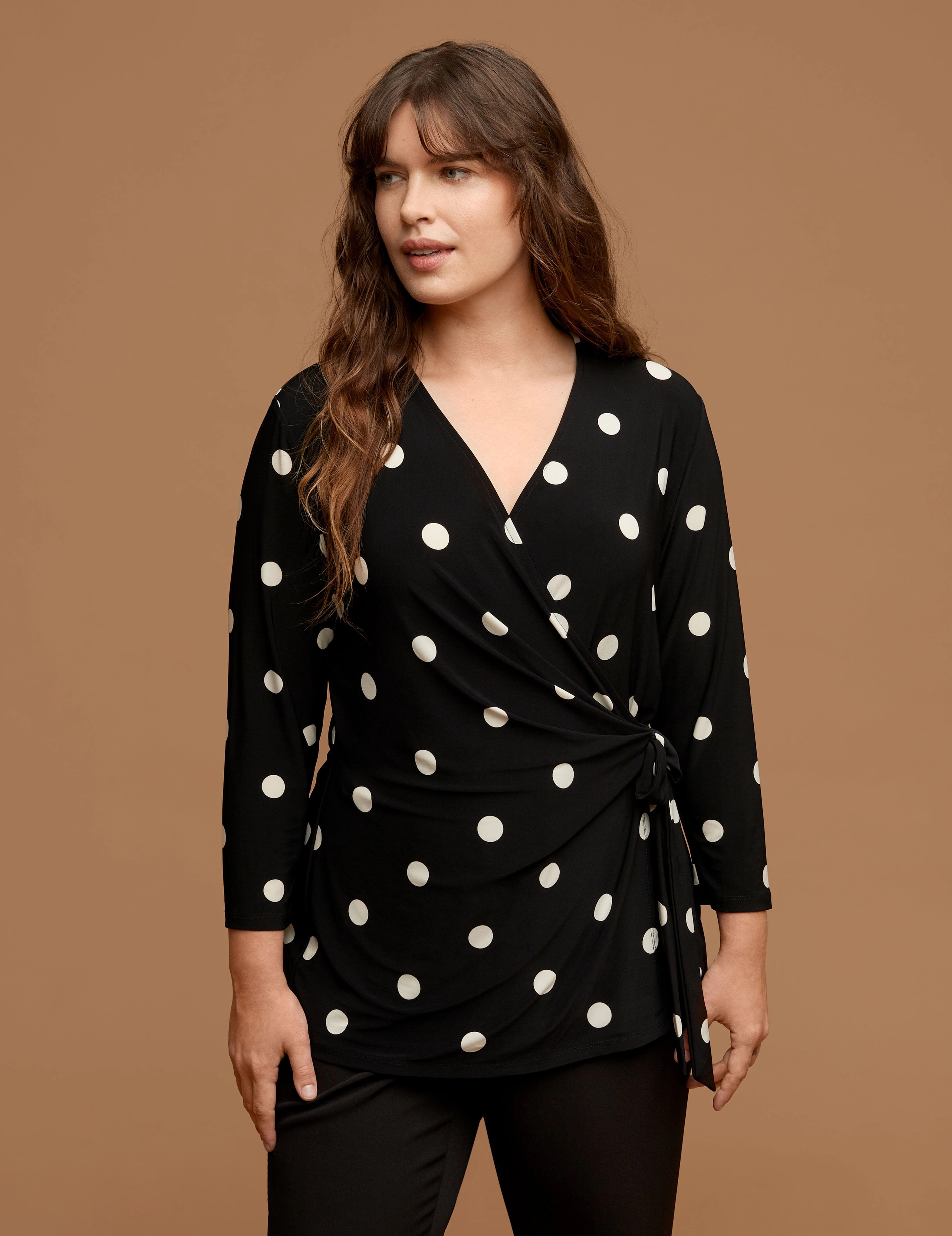 Plus Size Sutton Dot Printed Ity 3/4 Slv Faux Wrap Top