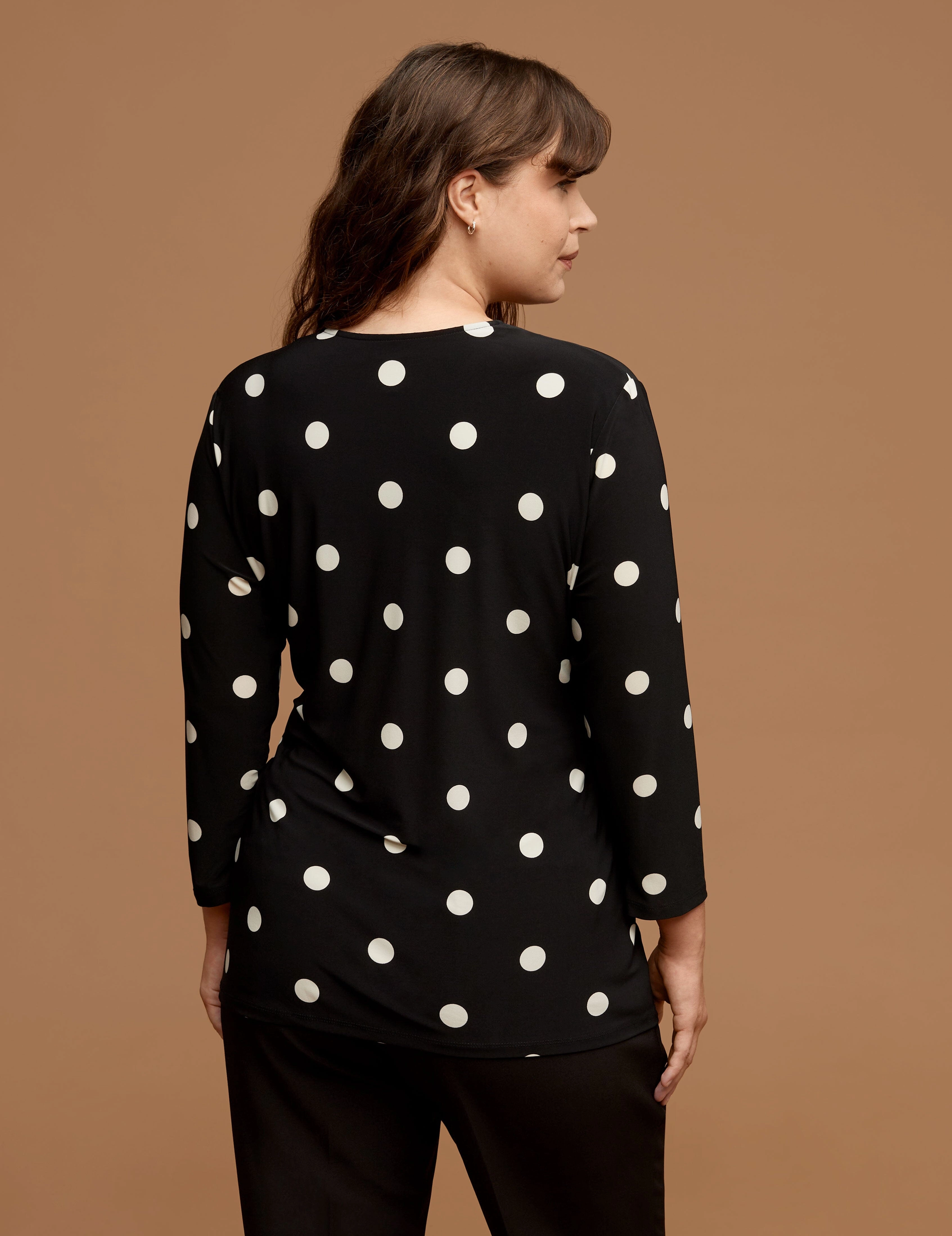 Plus Size Sutton Dot Printed Ity 3/4 Slv Faux Wrap Top