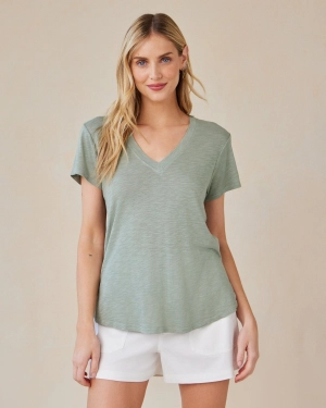 Side Slit V-Neck Tee - Olive Grove