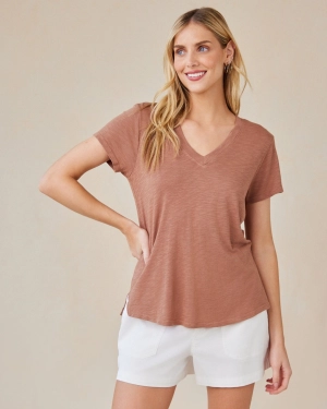 Side Slit V-Neck Tee - Terracotta Brown