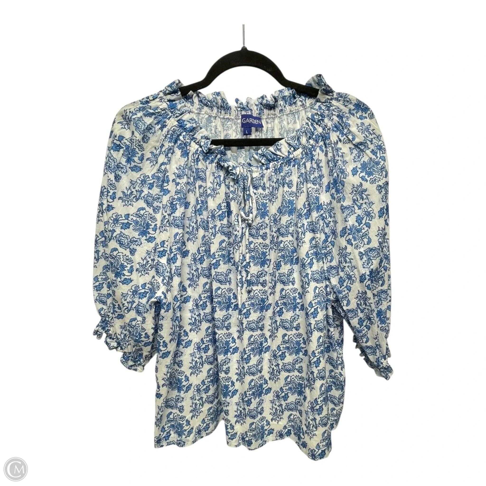 Top Short Sleeve By Ros Garden In Blue & White, Size: L