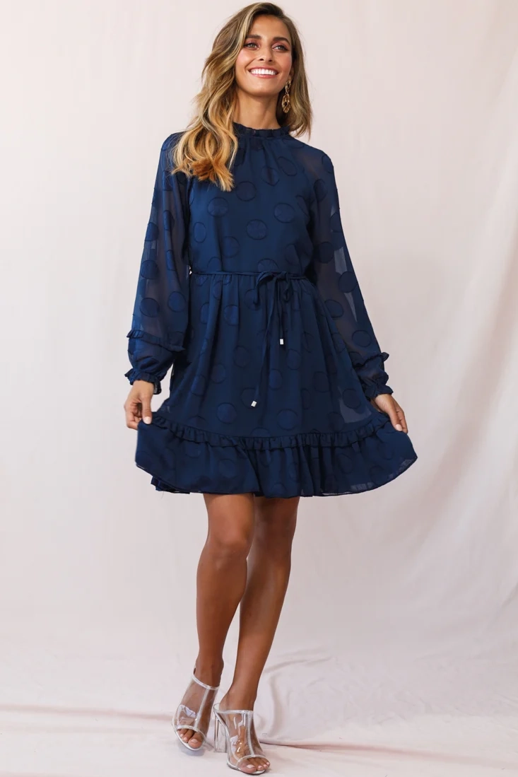 Tracee High Neckline Sheer Sleeve Polka Dot Dress Navy