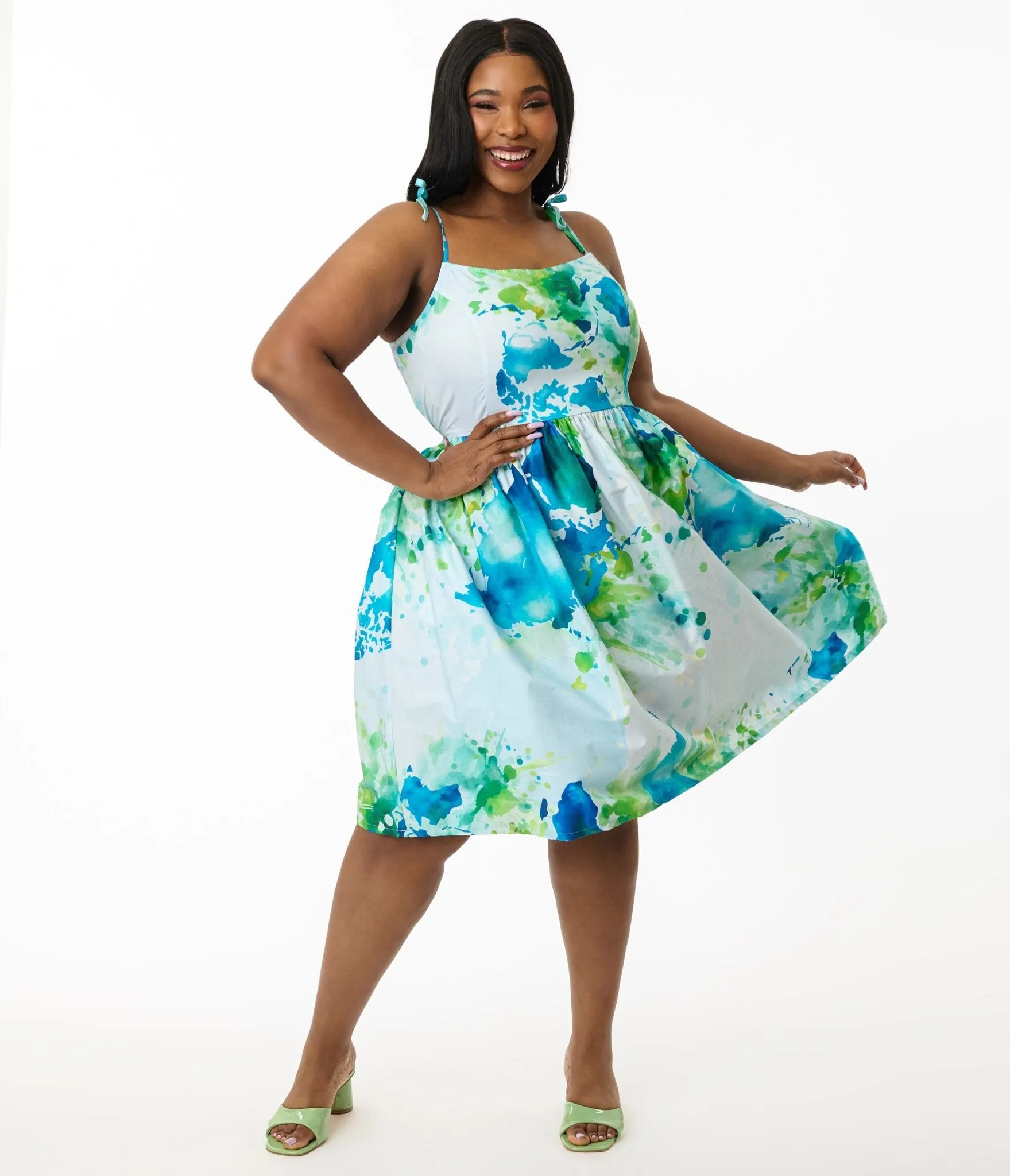 Unique Vintage Plus Size Earth Map Print Cotton Bobbie Swing Dress