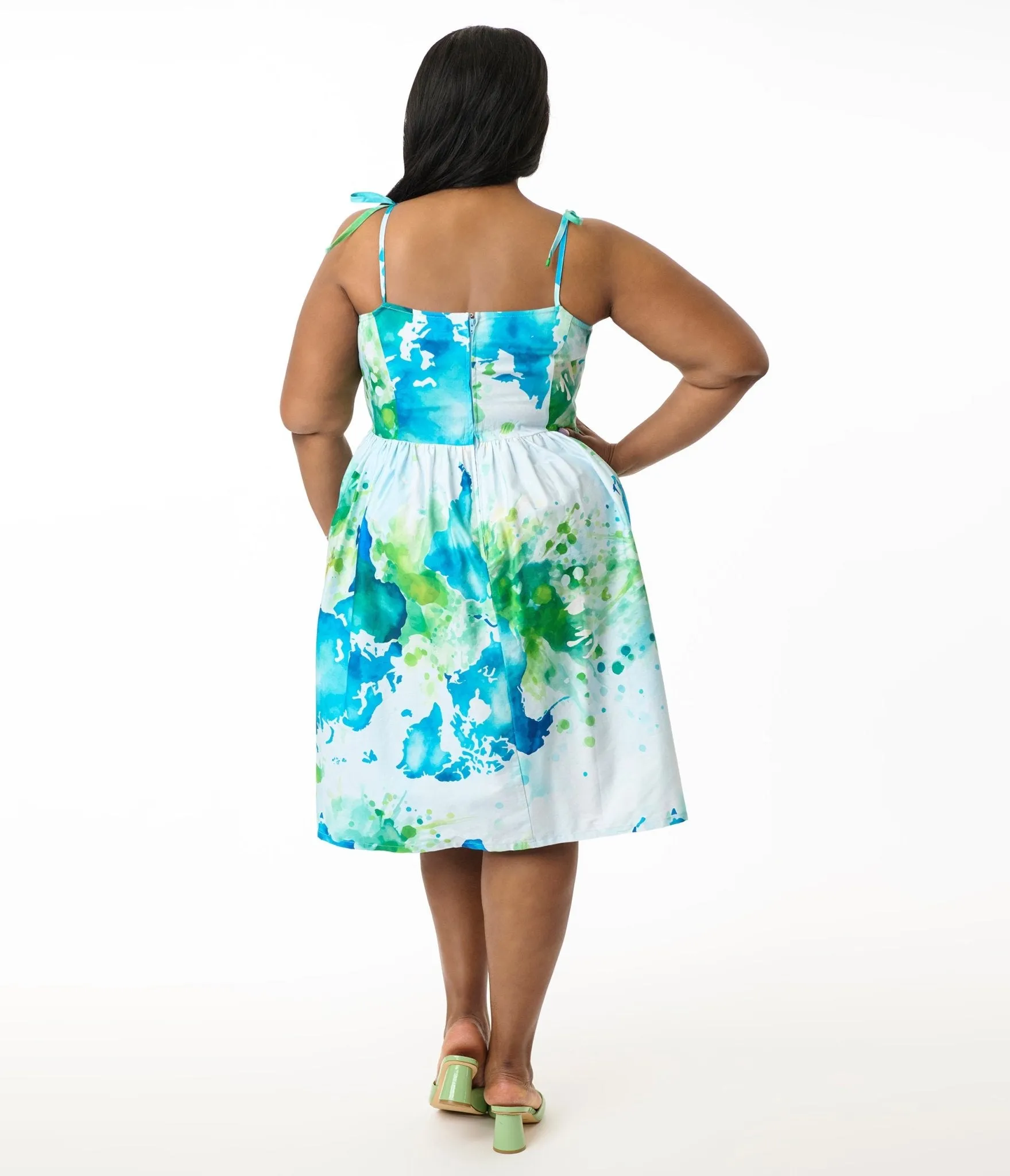 Unique Vintage Plus Size Earth Map Print Cotton Bobbie Swing Dress