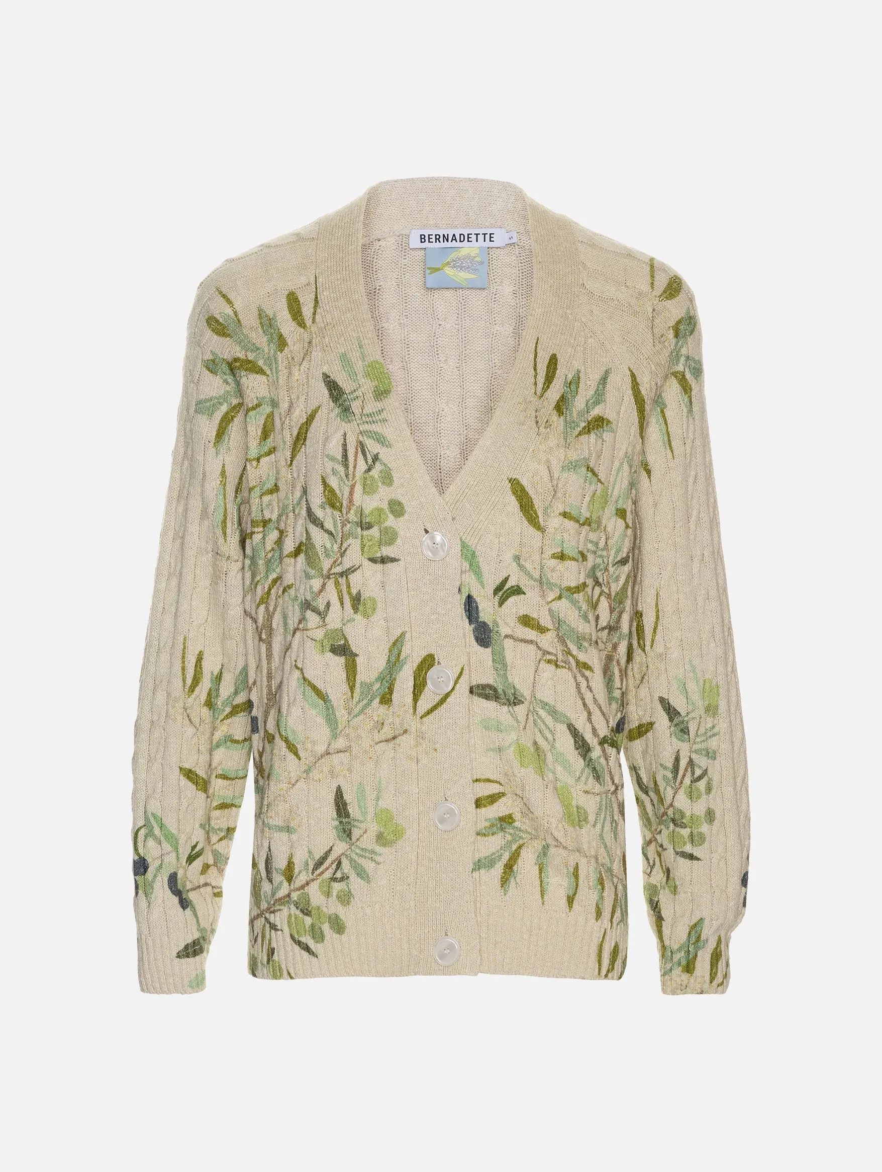 Zuri Cable Knit Cardigan in Butter/Olive Tree